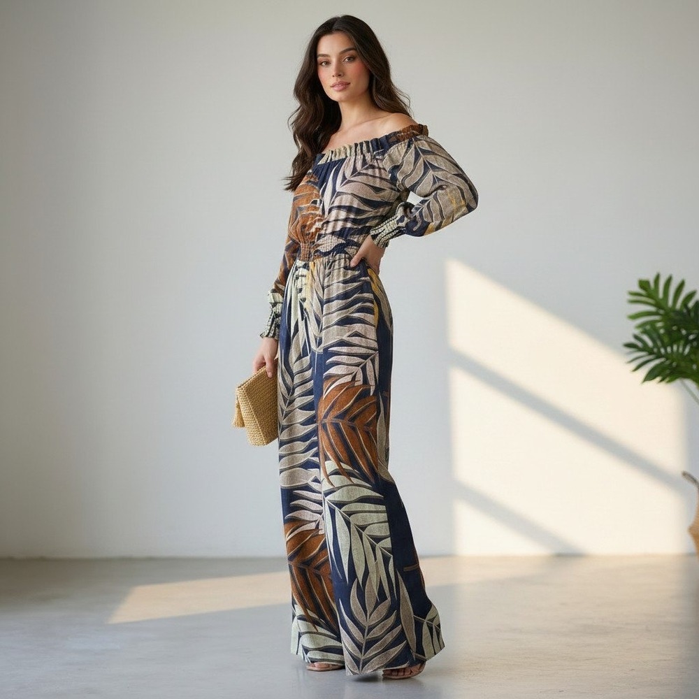 Hutch Womens Tropical Leaf Print Smocked Off Shoulder Wide Leg Jumpsuit Navy M